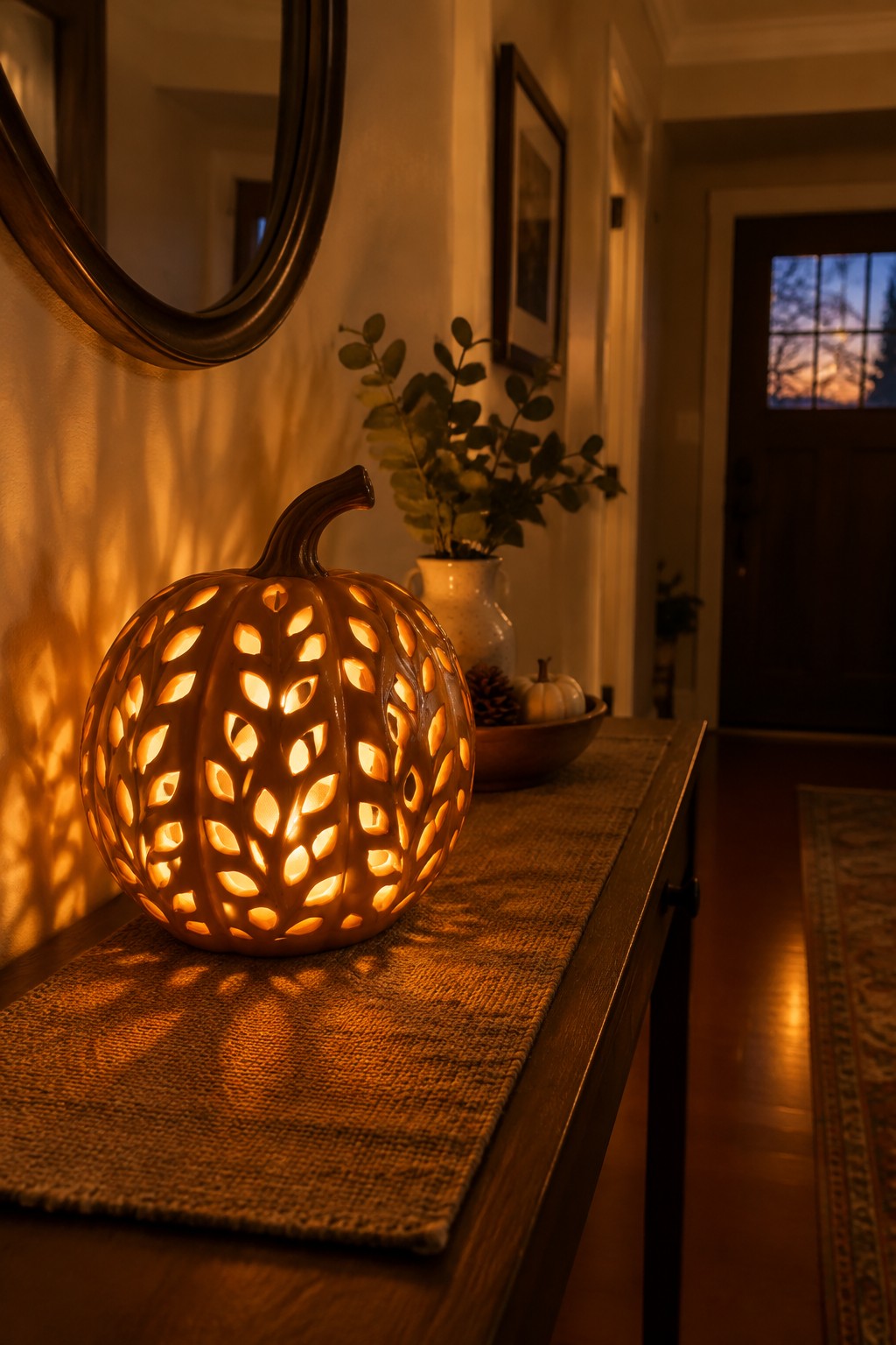 A glowing carved pumpkin with leaf cutouts rests on a wooden console table in an entryway.