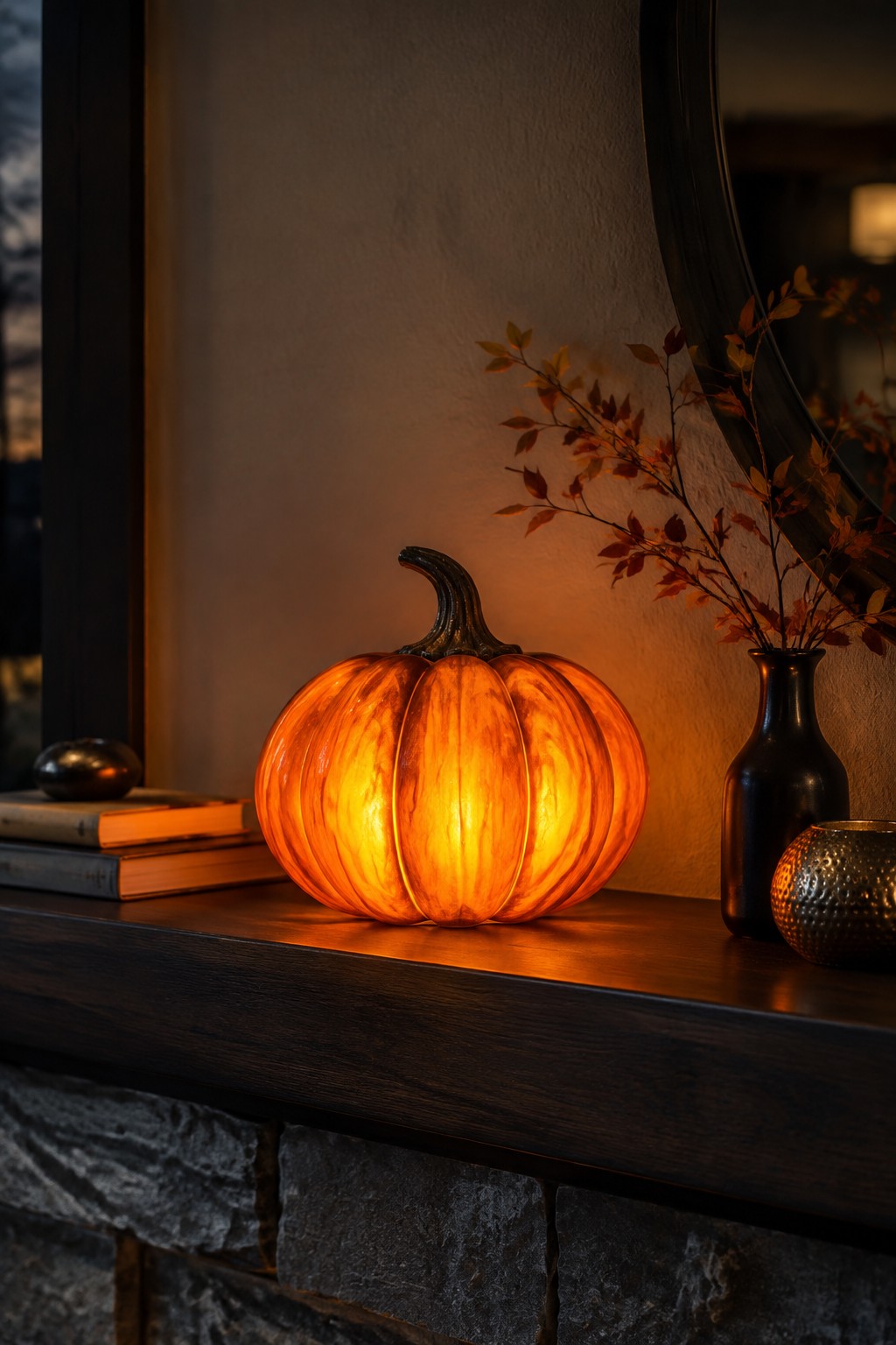 A glowing orange pumpkin night light sits on a dark wood mantel above a stone fireplace, with a small dark vase and books nearby.