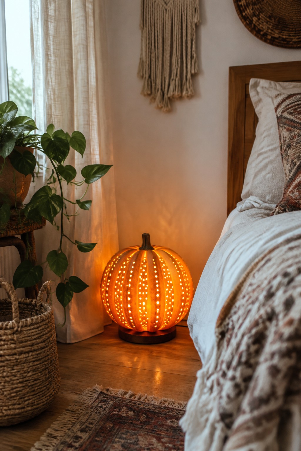 A lit pumpkin night light with many small holes sits on the floor next to a bed with white bedding.