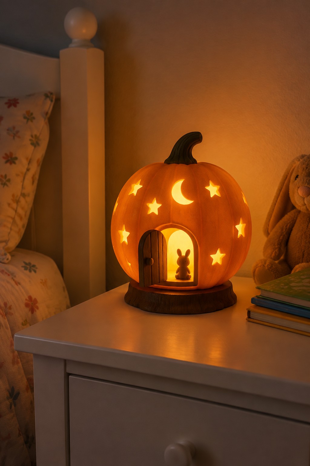 A glowing pumpkin night light with star and moon cutouts and a small open door showing a bunny figure rests on a white nightstand beside a bed.