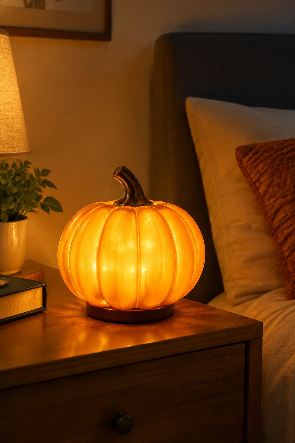 A glowing orange pumpkin night light with a dark stem sits on a wooden nightstand beside a bed with pillows.