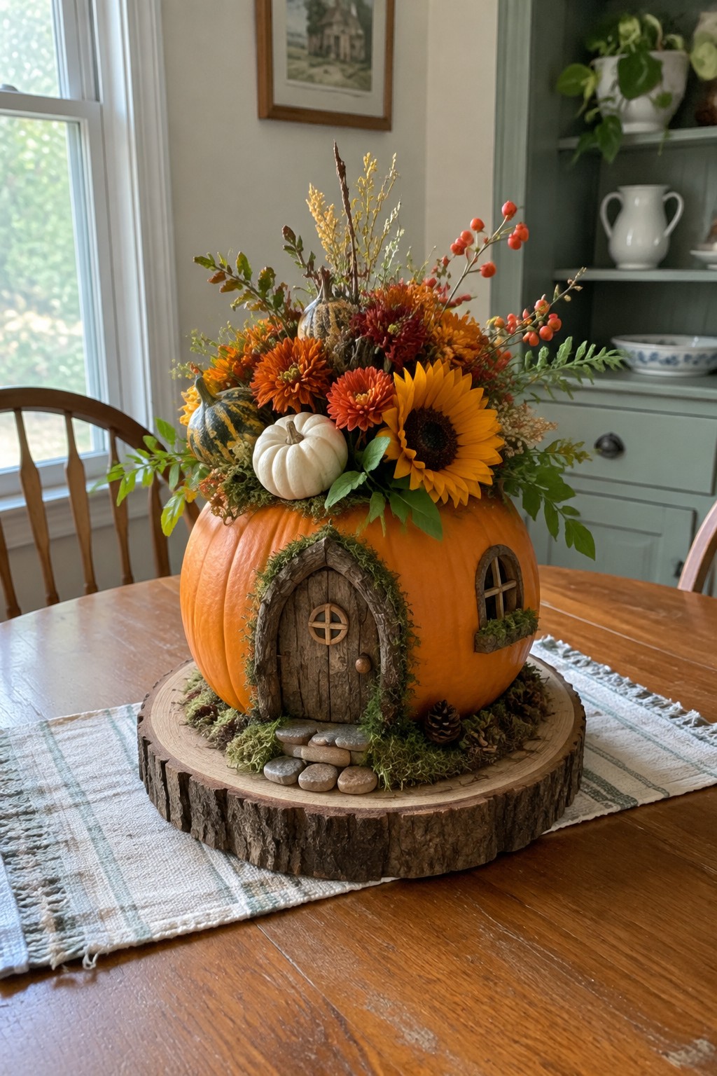 Large orange pumpkin carved into a house with a wooden door and window, displayed as a floral centerpiece on a wooden dining table.