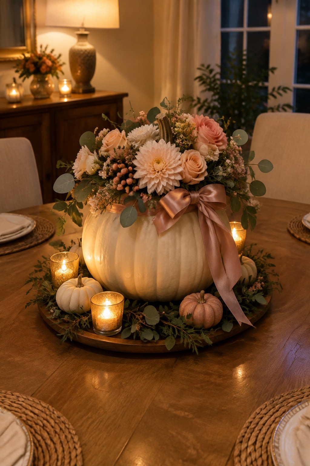 A large white pumpkin filled with flowers and tied with a ribbon sits on a wooden tray as a dining table centerpiece, surrounded by smaller pumpkins and candles.