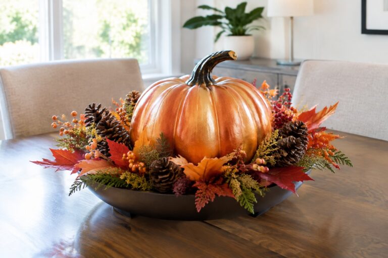 16 Gorgeous Pumpkin Centerpieces That Steal the Show Orange pumpkin filled with vibrant autumn flowers on rustic wooden dining table