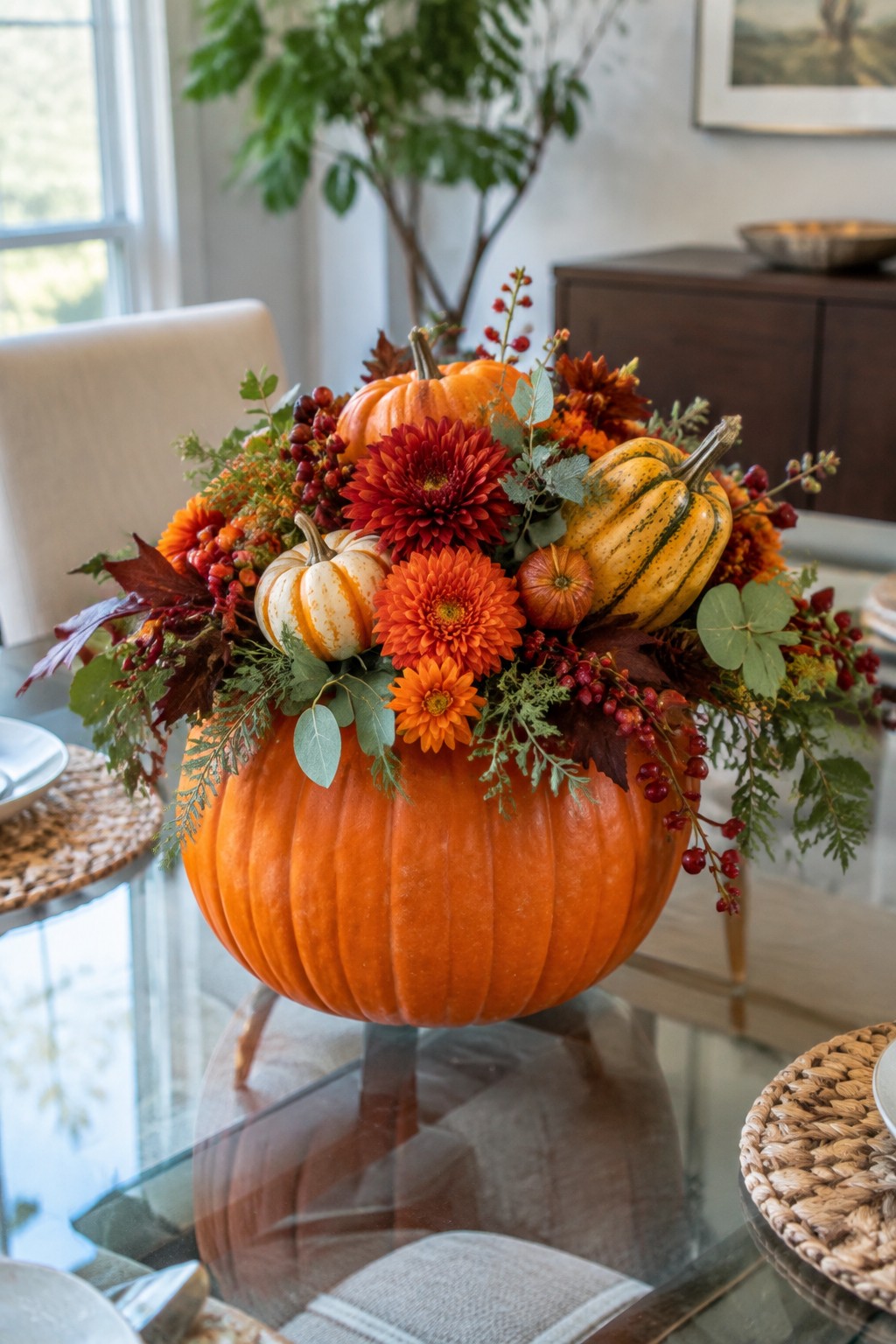 Large orange pumpkin filled with autumn flowers, gourds, berries, and foliage on table.