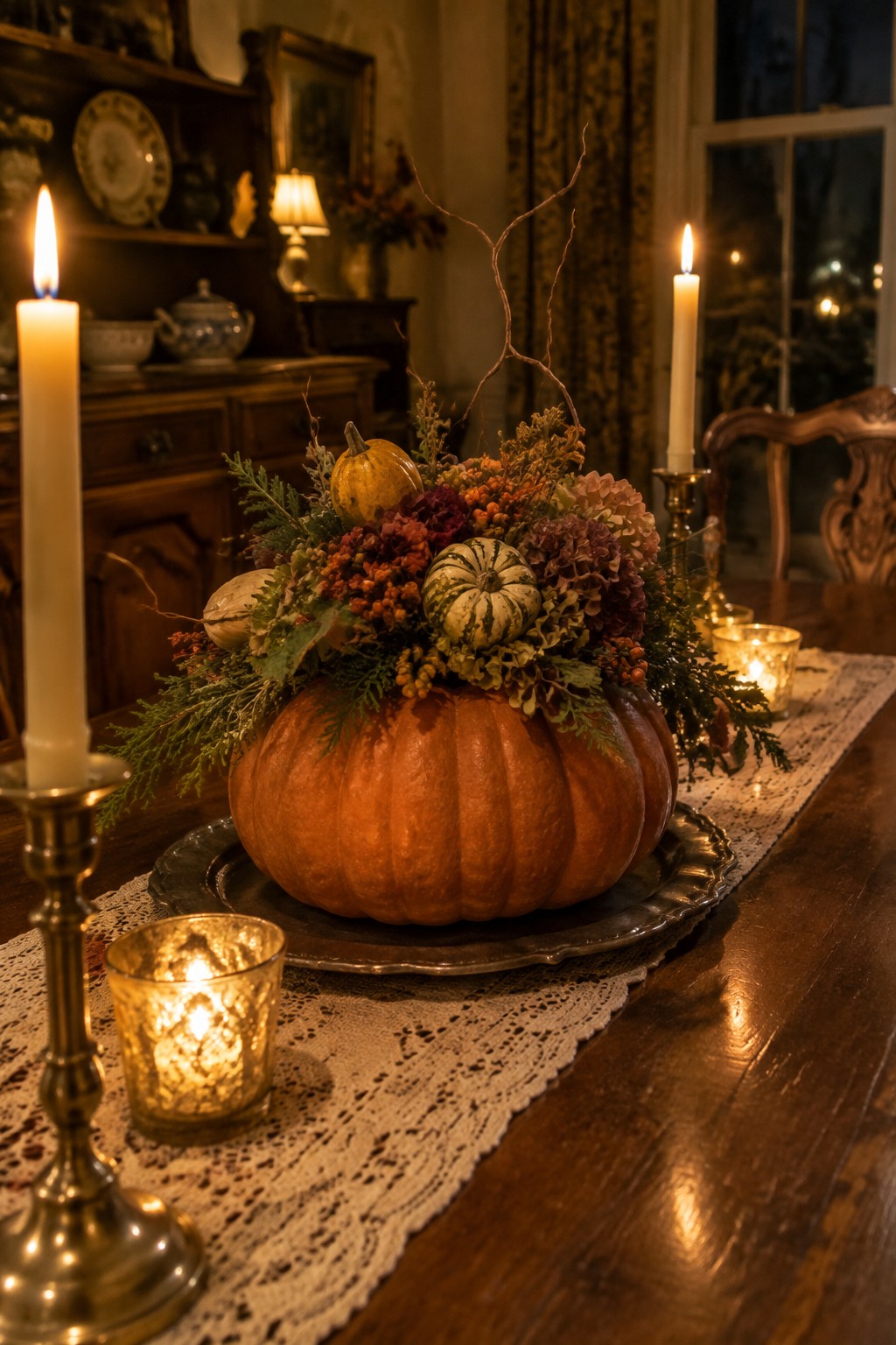 Large orange pumpkin centerpiece filled with flowers and smaller gourds on a dining table with candles.
