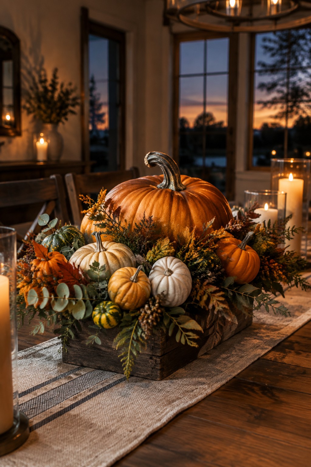 Wooden crate centerpiece filled with orange, white, and striped pumpkins surrounded by autumn foliage on a dining table.