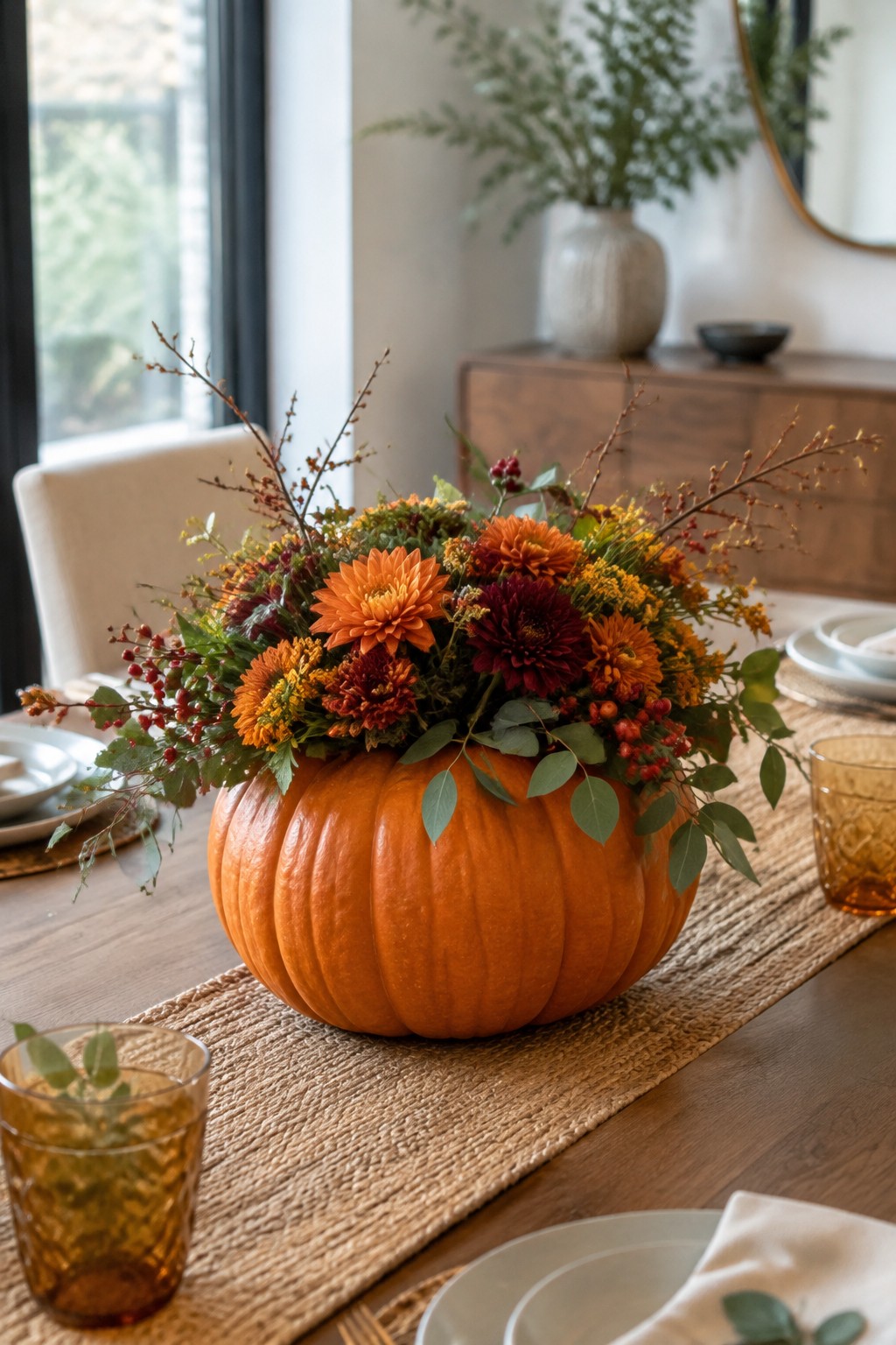 Orange pumpkin filled with vibrant autumn flowers on rustic wooden dining table