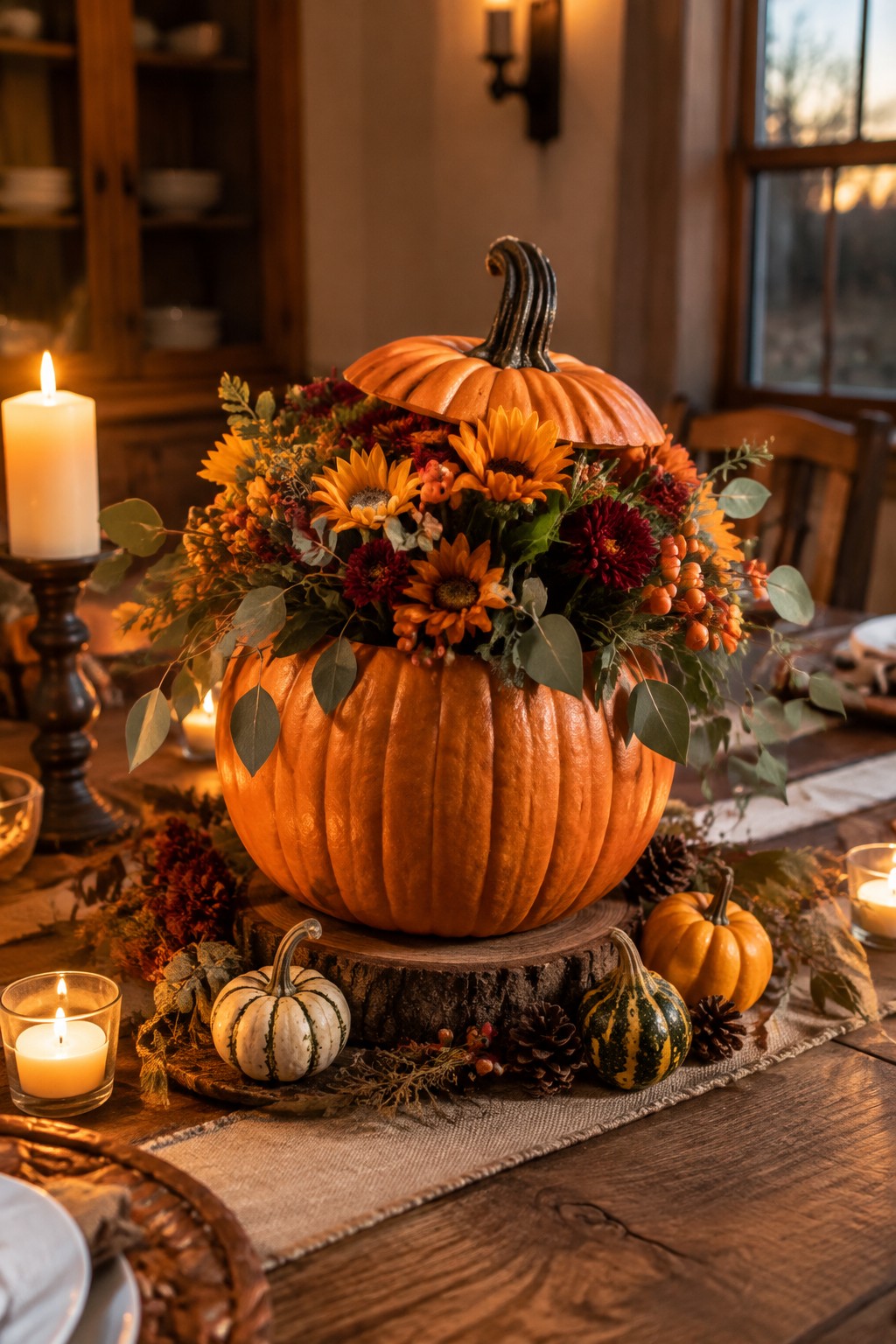 Autumn pumpkin filled with sunflowers and flowers, surrounded by gourds and candles on table