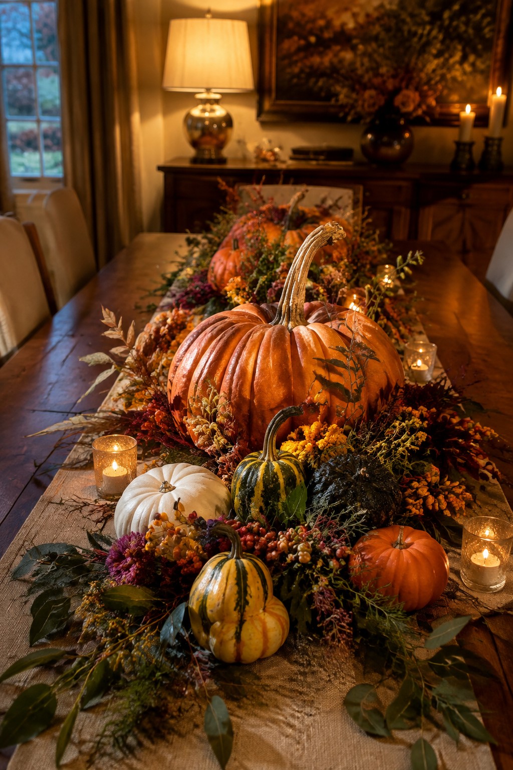 Autumn table with large orange pumpkin, gourds, berries, foliage, and lit candles.