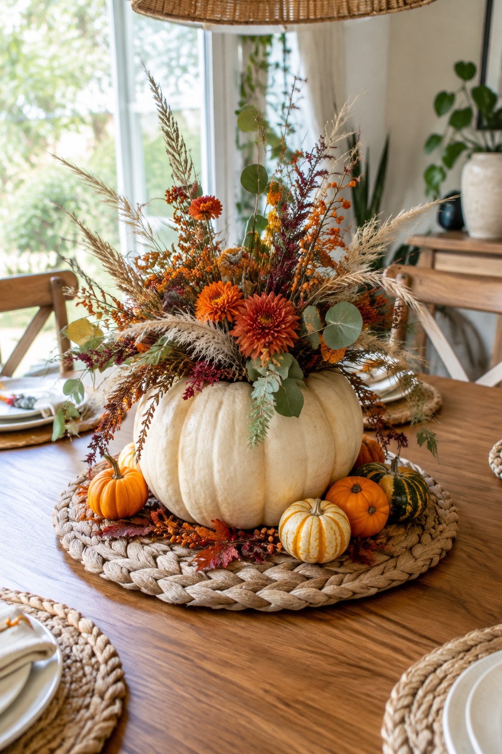 Large white pumpkin filled with orange flowers and dried grasses sits on a woven mat as a dining table centerpiece, surrounded by smaller orange and striped pumpkins.