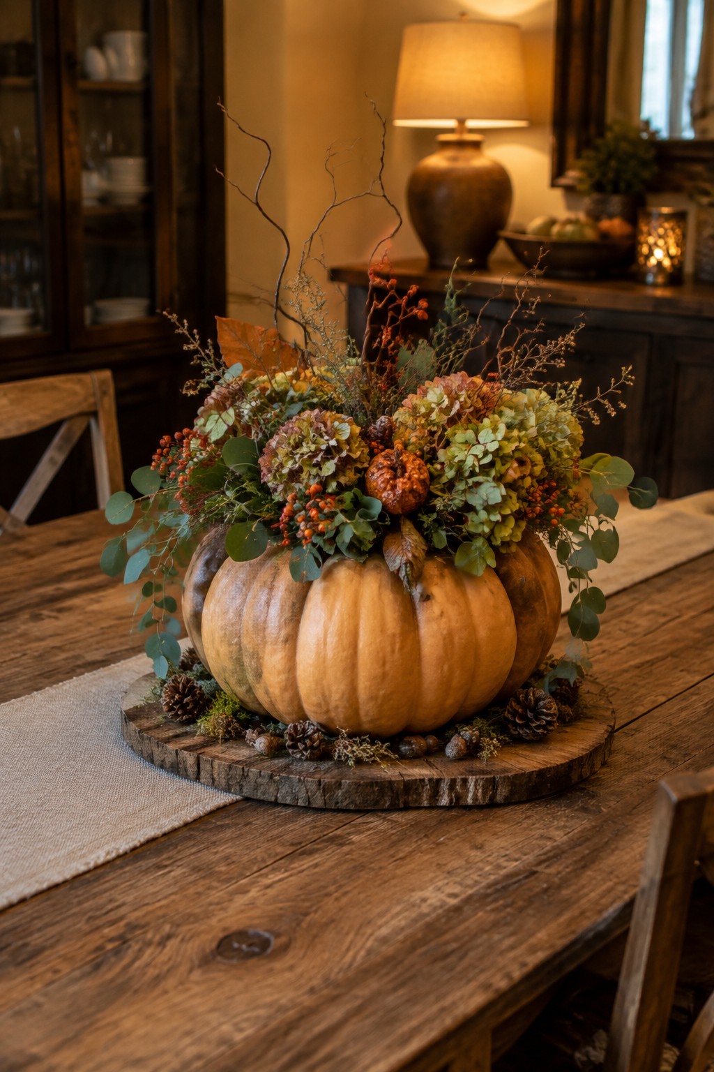 Large orange pumpkin centerpiece filled with hydrangeas, berries, and twigs on a wooden slab atop a dining table.