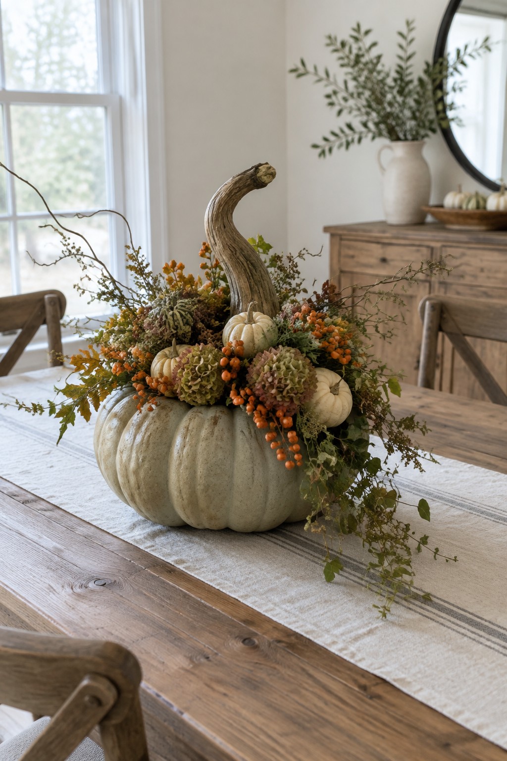 Large pale green pumpkin centerpiece with autumn flowers and berries on wooden table