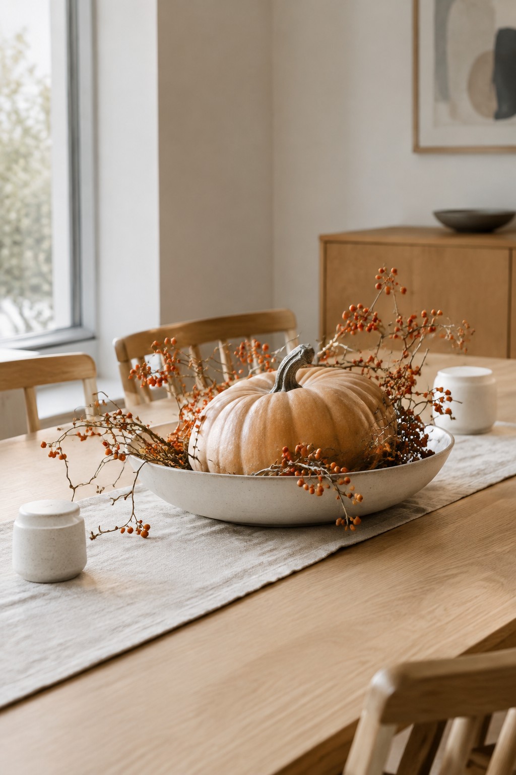 A large orange pumpkin sits in a white ceramic bowl surrounded by orange berry branches on a wooden dining table.