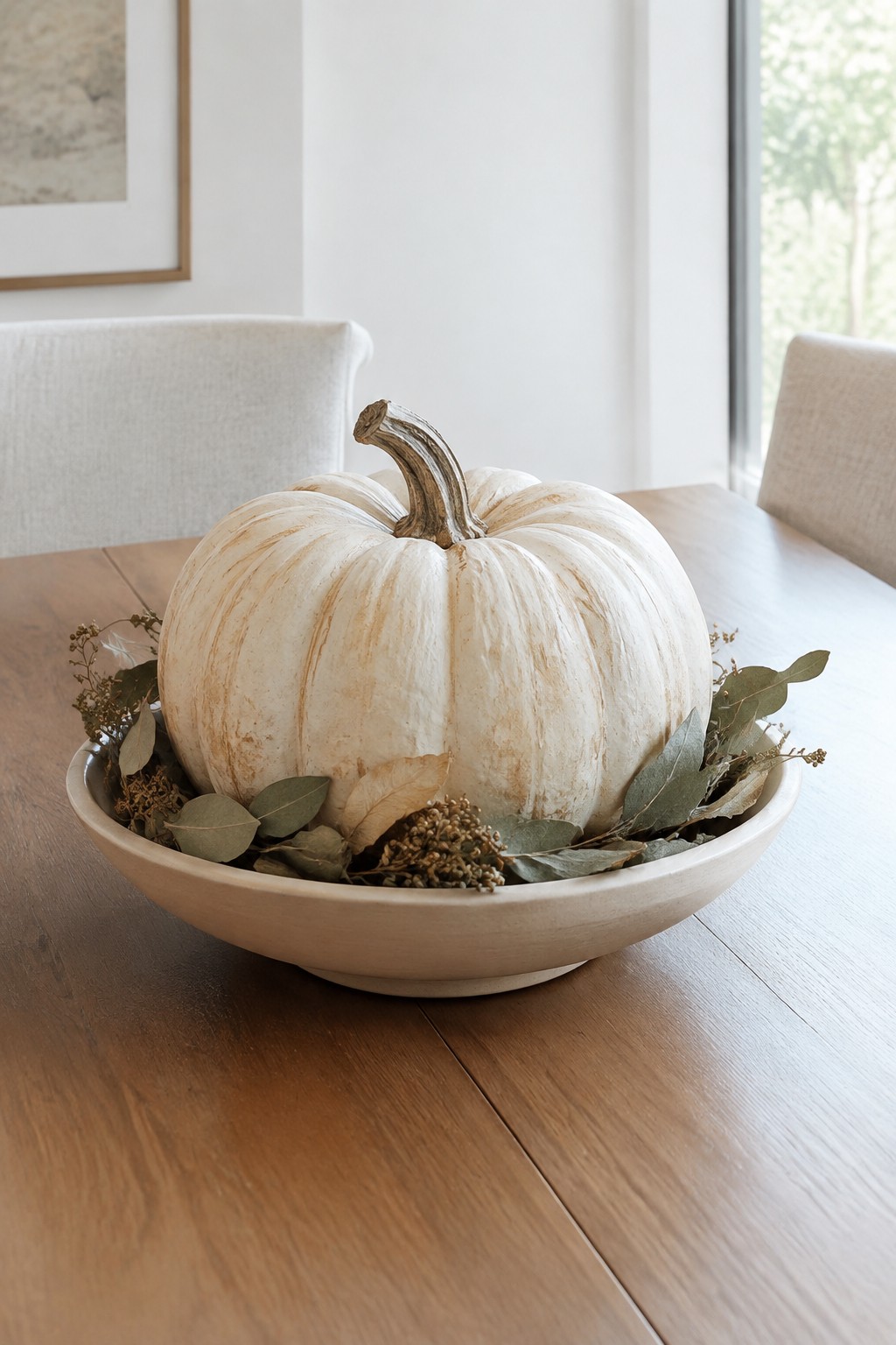 A white pumpkin rests inside a beige bowl with eucalyptus and dried foliage on a wooden dining table.