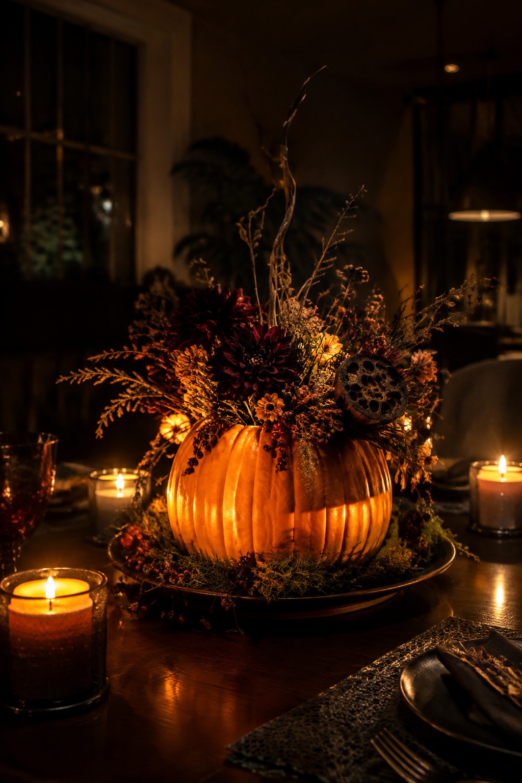 A hollowed orange pumpkin filled with dark red flowers, small yellow blooms, and dried branches sits on a metal platter as a dining table centerpiece.