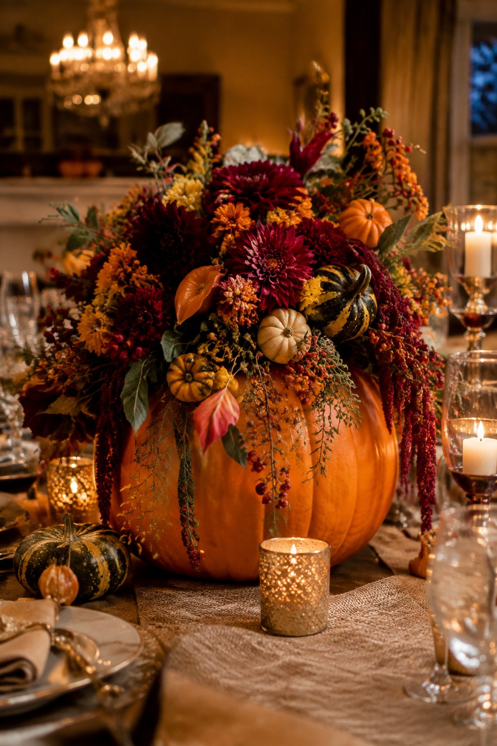 A large orange pumpkin filled with dark red and orange flowers plus small gourds sits as the centerpiece on a dining table with candles and glassware nearby.