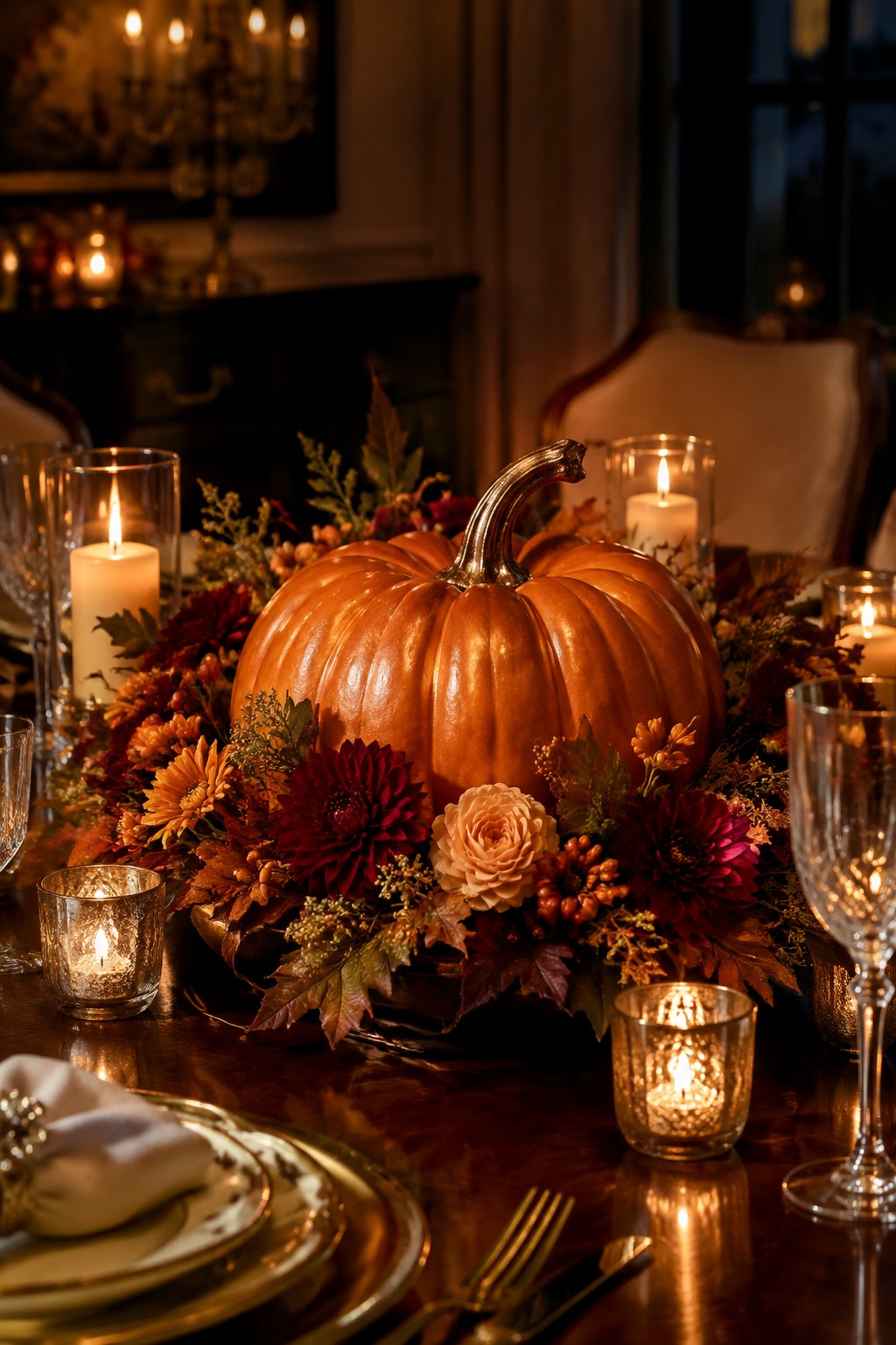 A dining table with a large orange pumpkin centerpiece surrounded by dark flowers, autumn leaves, and several lit candles in glass holders.