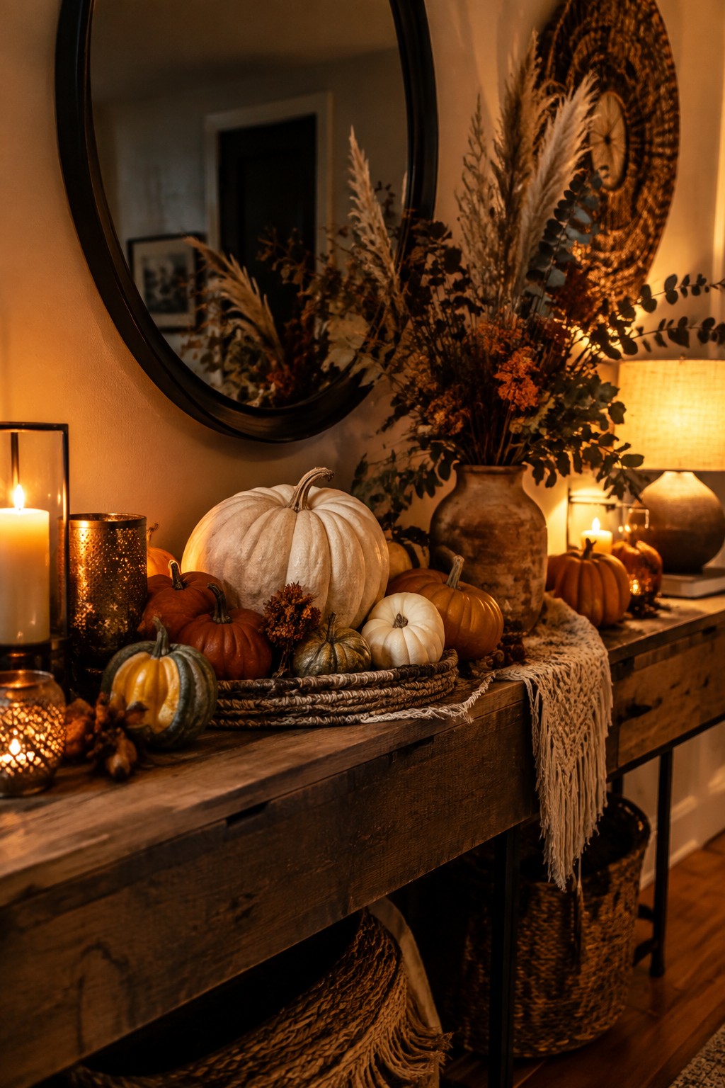 Wooden entry console with a woven tray holding white, orange, and green pumpkins, surrounded by candles and dried florals under a round mirror.
