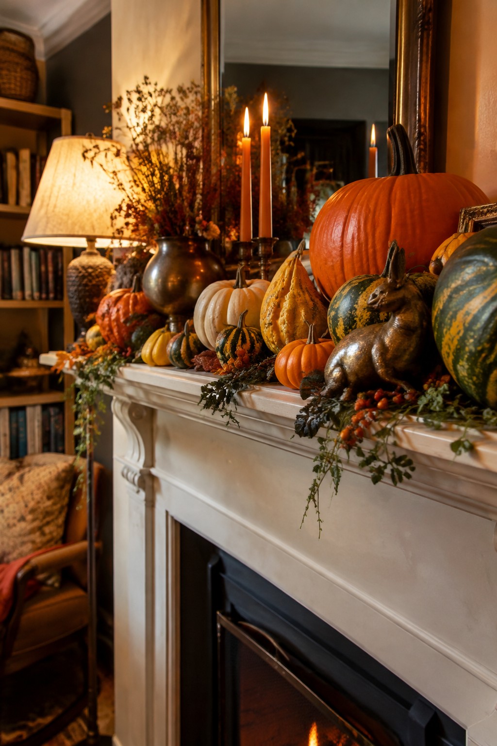 White fireplace mantel styled with a mix of orange, white, striped, and green pumpkins along with tall taper candles and autumn foliage.