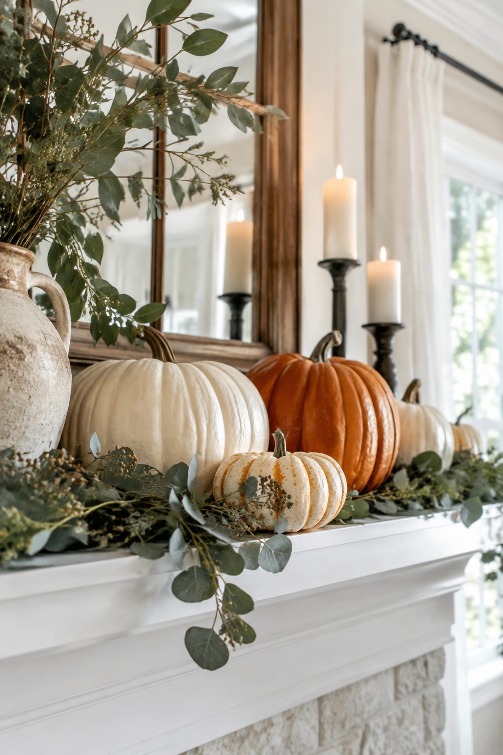 White fireplace mantel lined with white, orange, and speckled pumpkins, black candle holders, and eucalyptus greenery.
