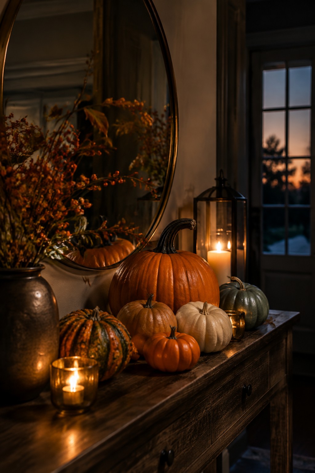 Wooden entry console holding a mix of orange, white, green, and striped pumpkins with lit candles in front of a round mirror.