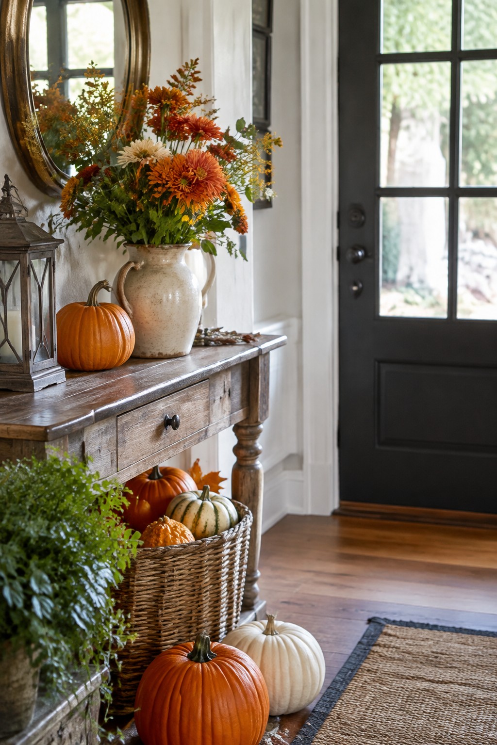 Entryway console table styled with orange and white pumpkins of varying sizes, a basket of pumpkins underneath, and a vase of flowers.