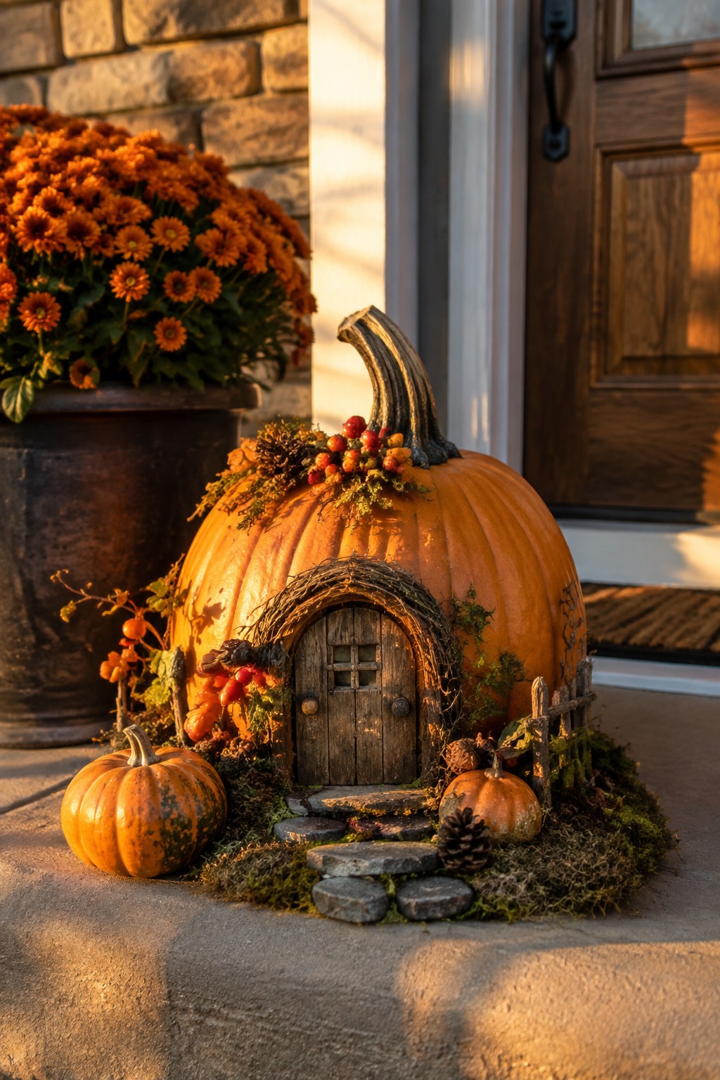 Pumpkin fairy house with wooden door, stone path, and autumn decorations on doorstep