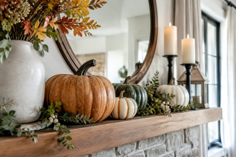 17 Chic Pumpkin Decorating Ideas to Try This Fall White fireplace mantel lined with white, orange, and speckled pumpkins, black candle holders, and eucalyptus greenery.