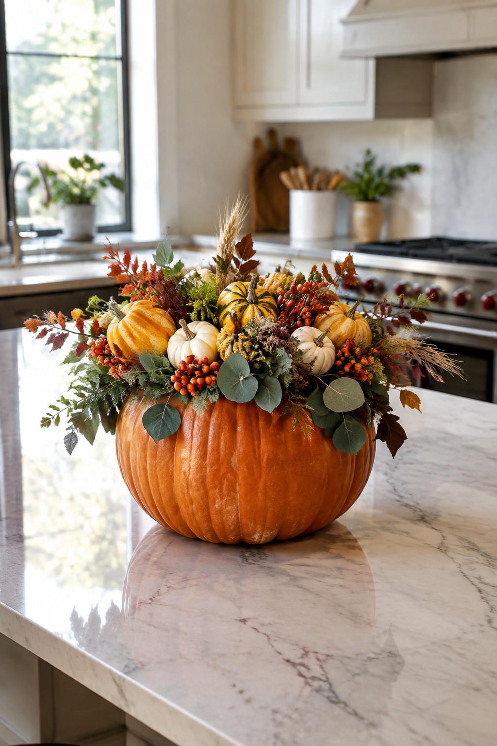 A large orange pumpkin filled with smaller white and striped pumpkins, autumn leaves, and berries sits on a marble kitchen countertop.