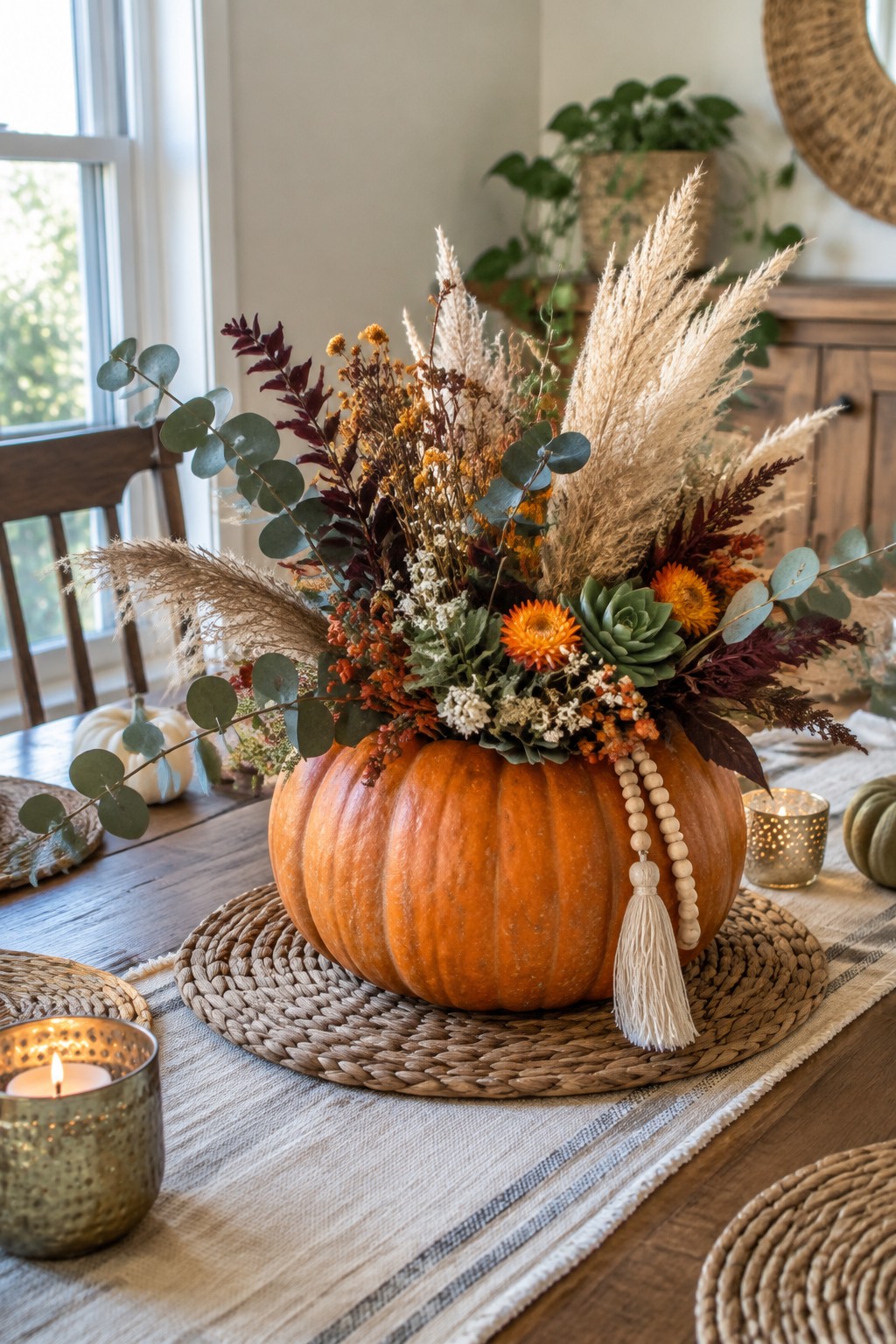 Large orange pumpkin used as a vase filled with pampas grass, eucalyptus, and orange flowers on a wooden dining table with woven placemats and candles.