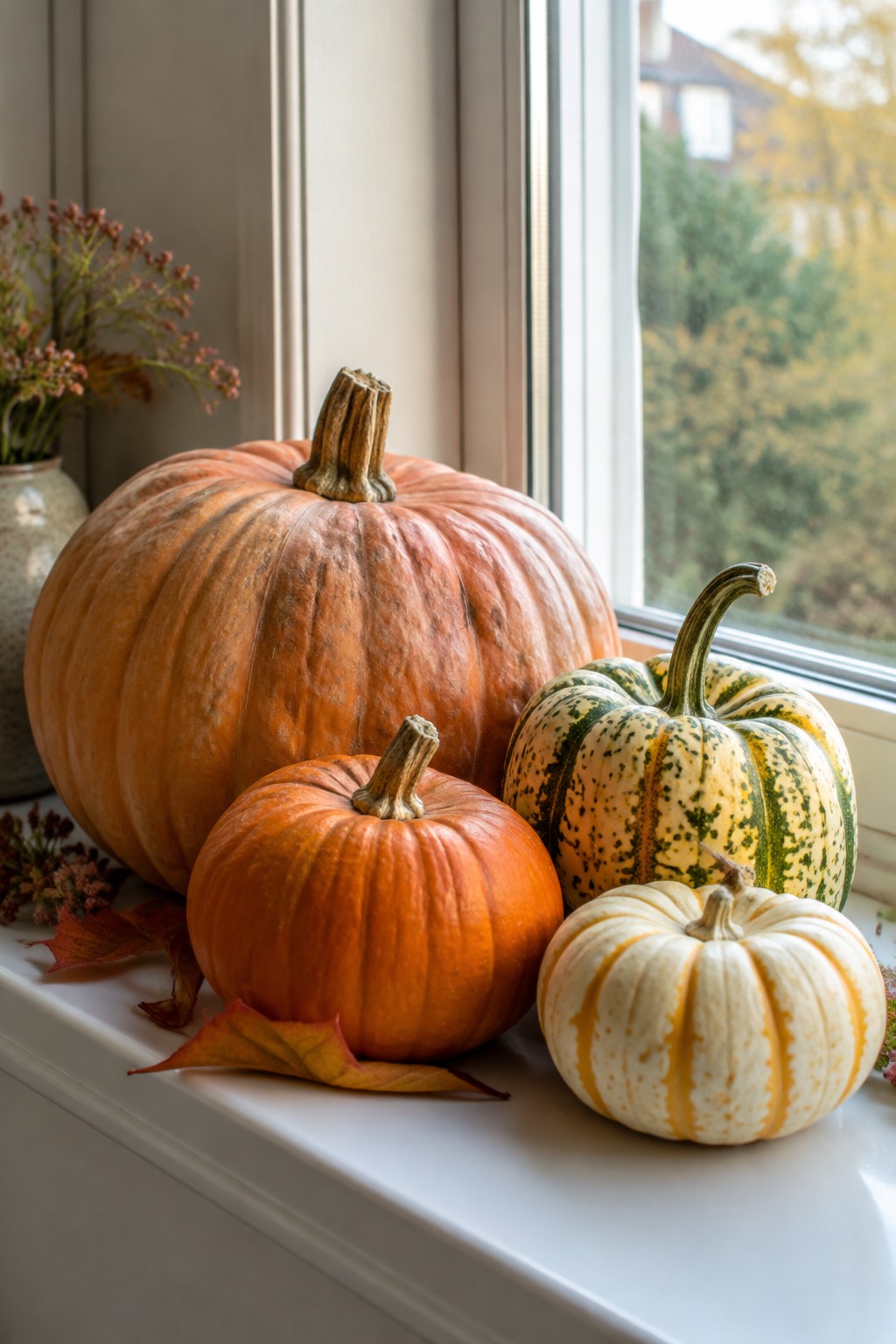 A windowsill holds four pumpkins of different sizes and colors, including two orange ones, one green and yellow striped pumpkin, and one small white and yellow striped pumpkin, with a few autumn leaves scattered nearby.