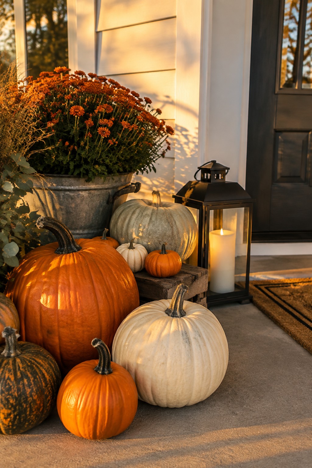 Front porch display with assorted orange, white, and striped pumpkins arranged near a black lantern and potted orange flowers.