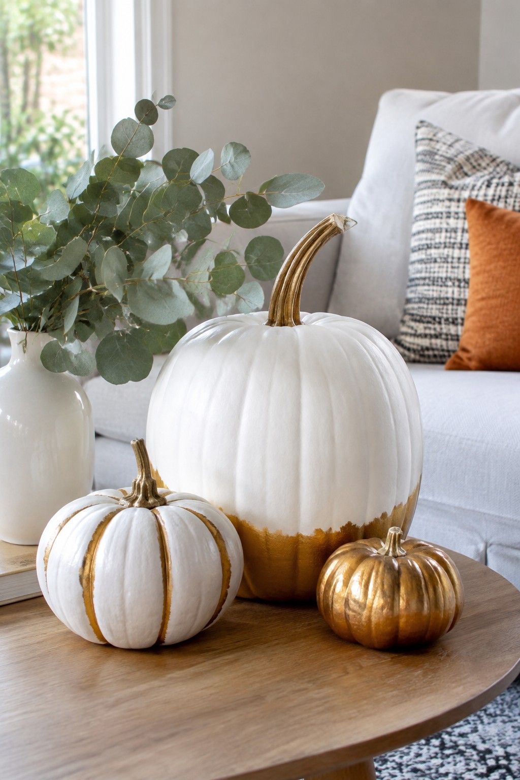 Three white and gold painted pumpkins arranged on a wooden table with a vase of eucalyptus nearby.