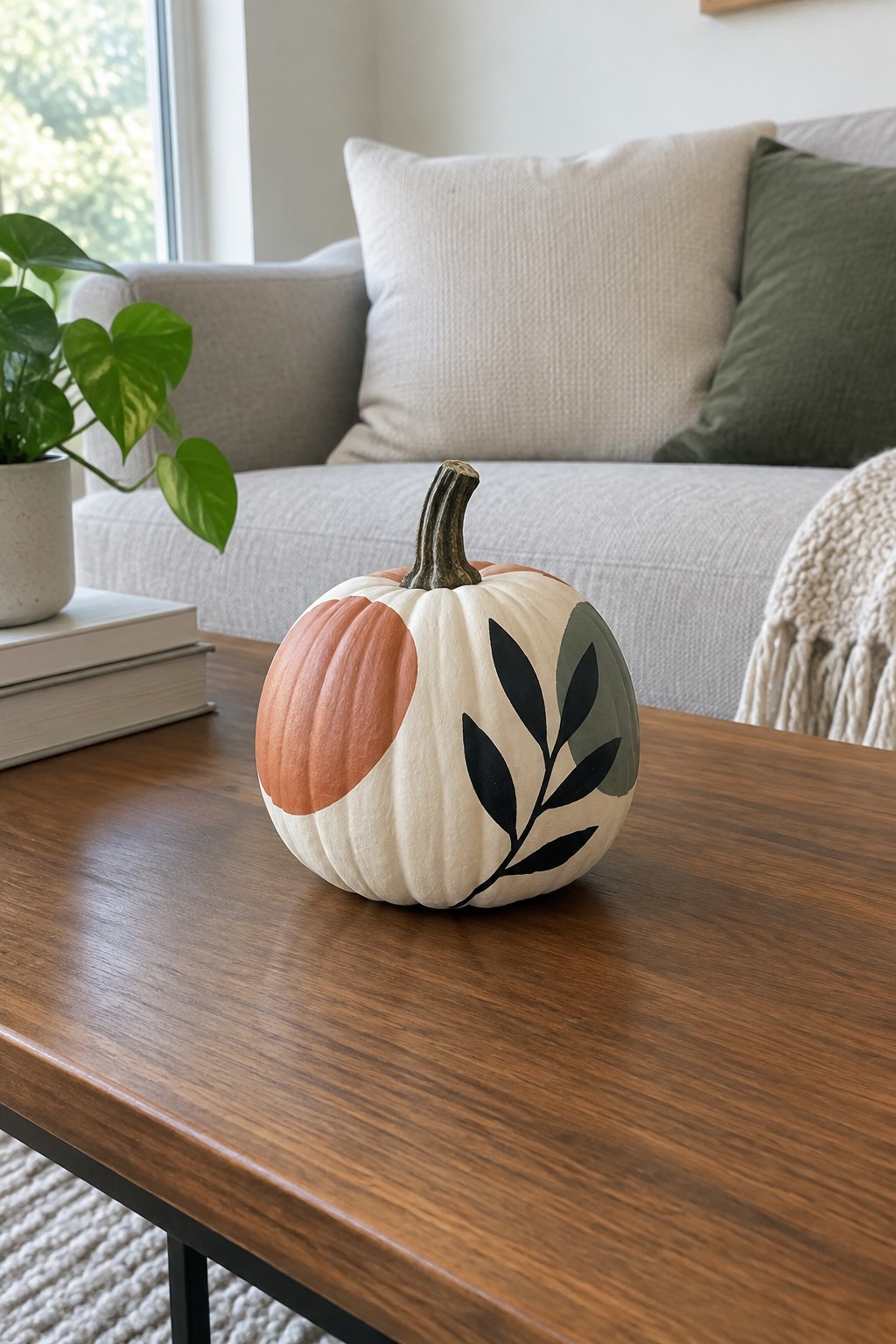 Decorative white pumpkin with terracotta circle and leaf designs on wooden table