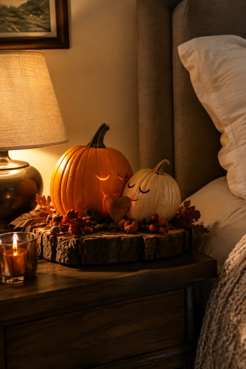 Two carved pumpkins with simple faces sit together on a wooden slice atop a dark nightstand in a bedroom.