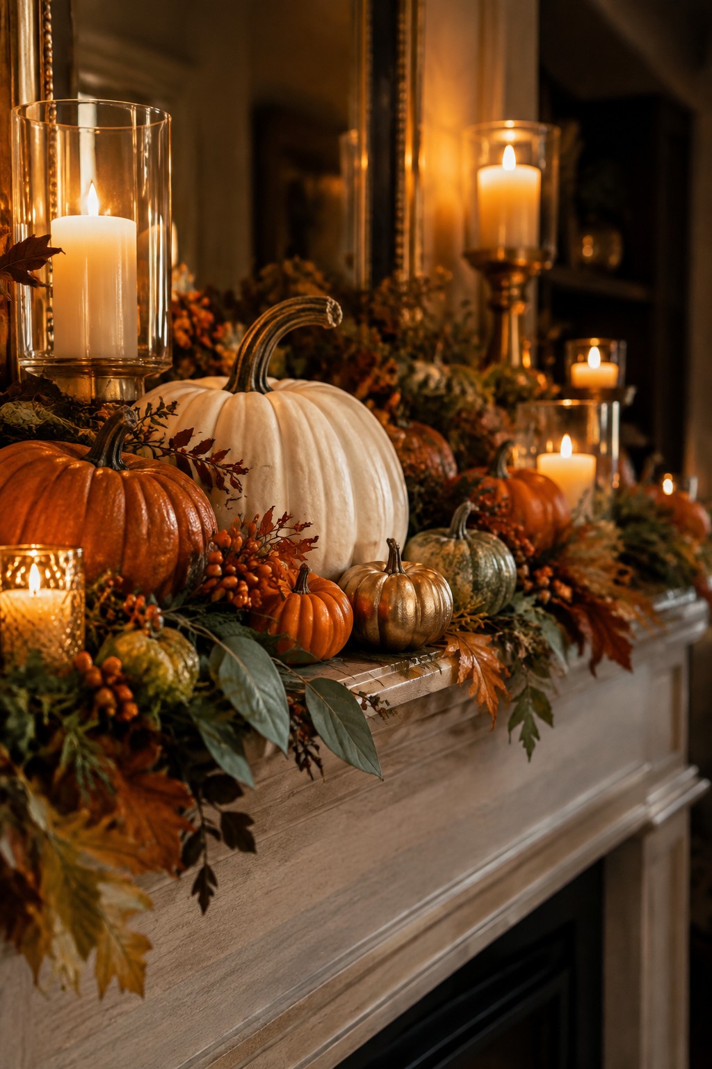Autumn mantel with white and orange pumpkins, lit candles, and fall foliage.