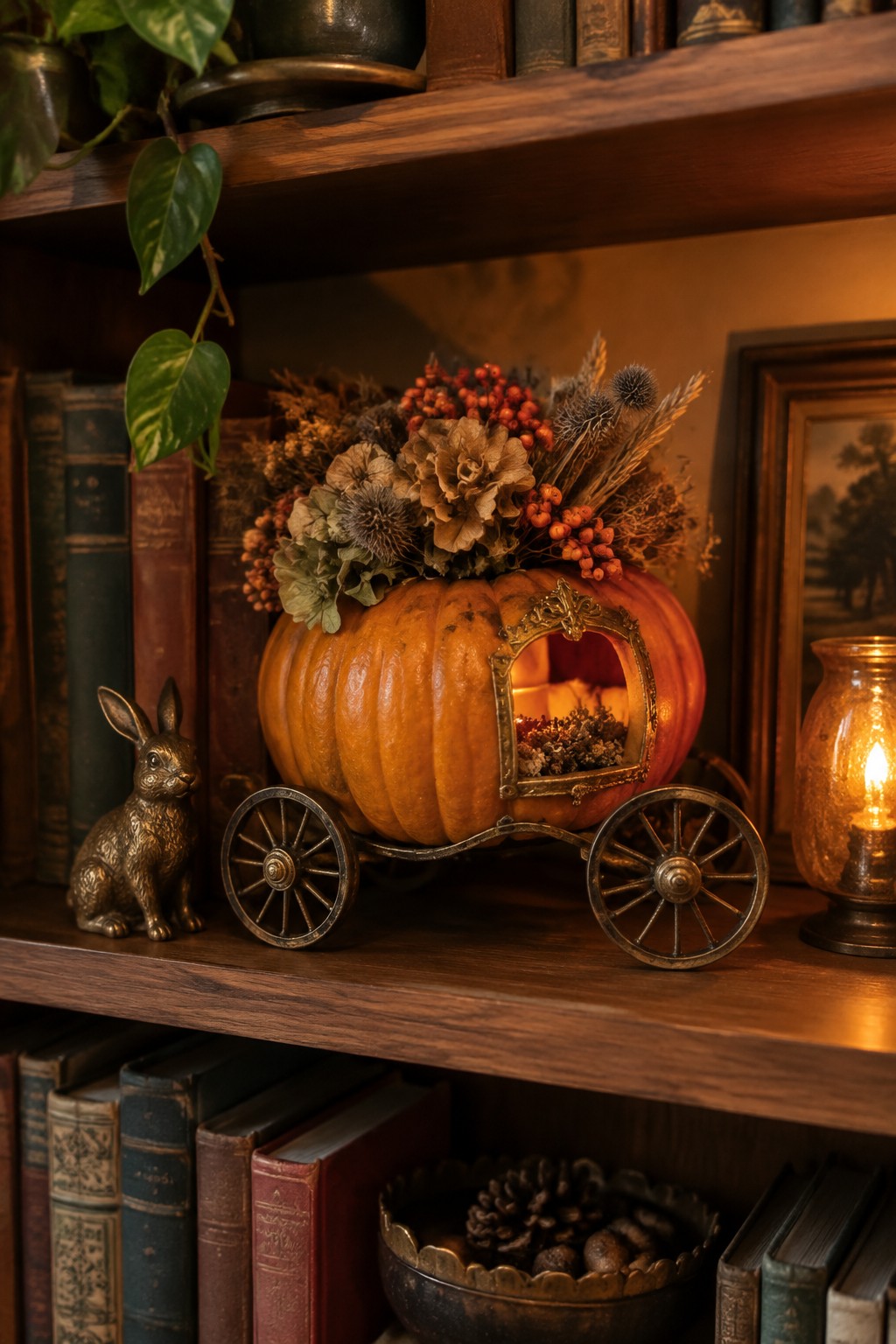 A large orange pumpkin carved and trimmed with gold to resemble a carriage, complete with wheels and a lit interior, displayed on wooden bookshelves with dried flowers on top.