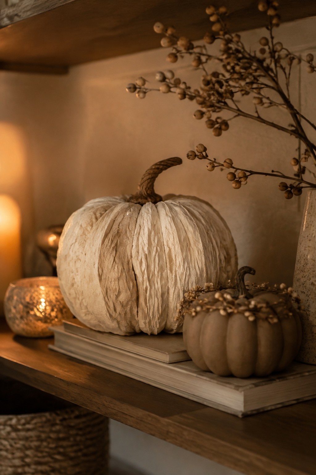 White pumpkin and small beige one with berries on books, beside lit candle.