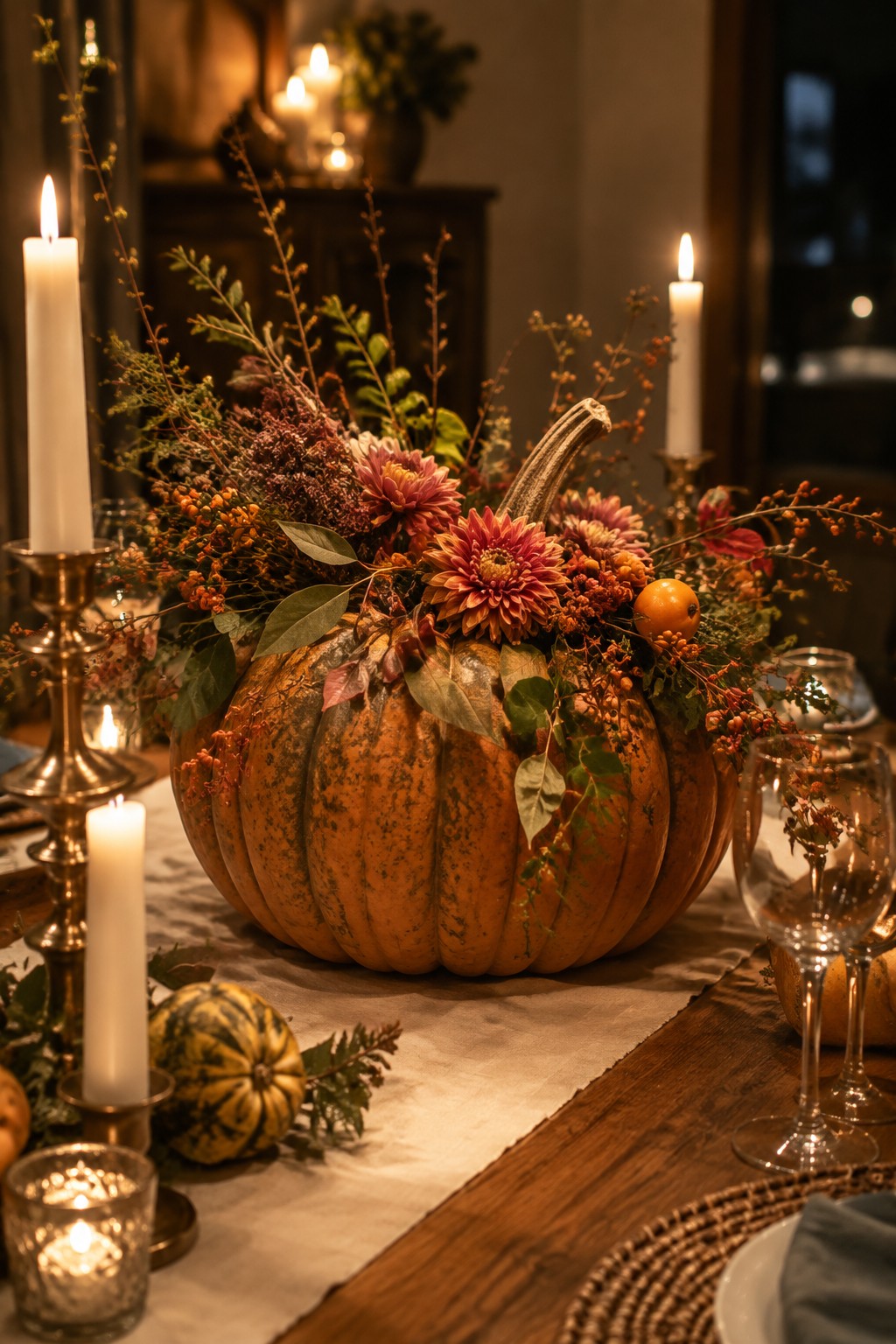 A large orange pumpkin filled with pink dahlias, berries, and greenery sits as the centerpiece on a wooden dining table with lit candles nearby.