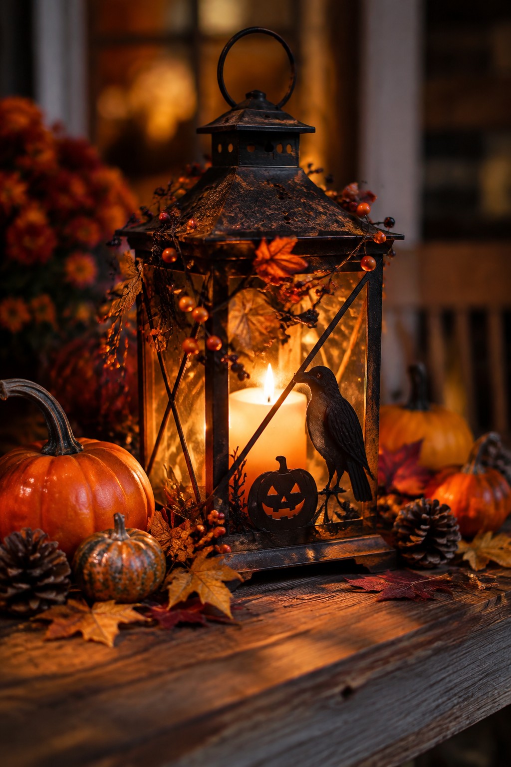 Black metal lantern with a crow figure and jack o lantern cutout inside, placed on a wooden table with pumpkins and autumn leaves around it.