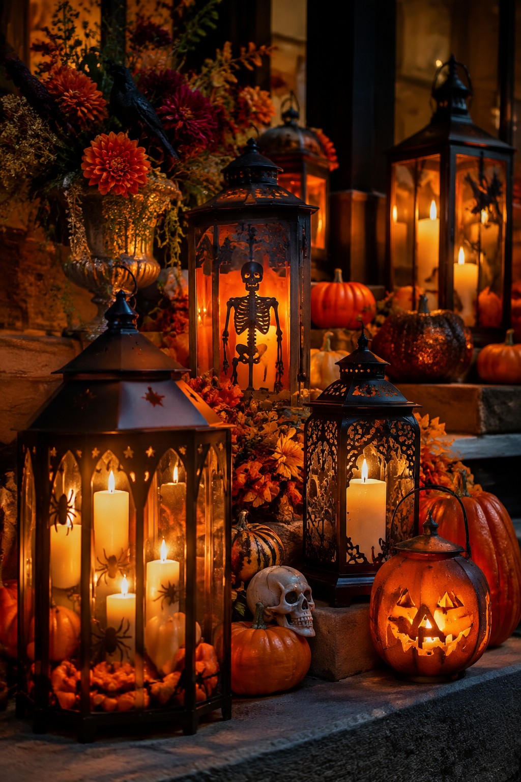 Front porch steps lined with black metal lanterns featuring skeleton and spider cutouts, lit candles, and a glowing jack-o'-lantern surrounded by small pumpkins.