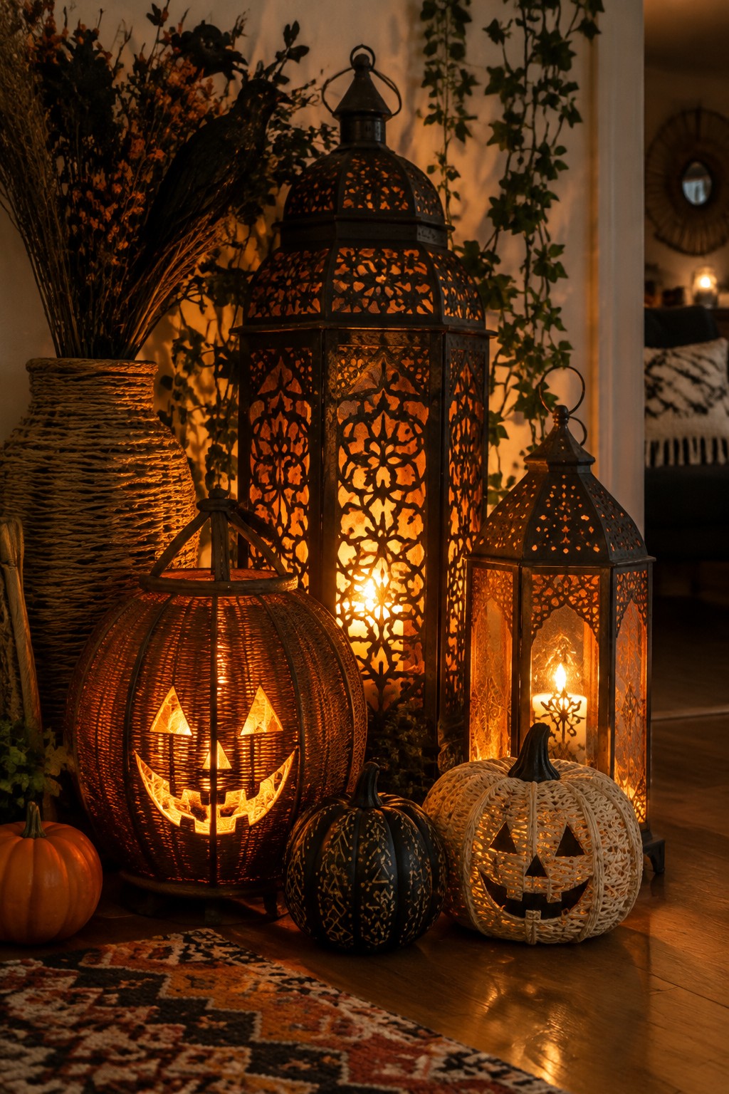 A floor display of several illuminated metal and woven lanterns with carved pumpkin faces, surrounded by small decorative pumpkins on a wooden floor.
