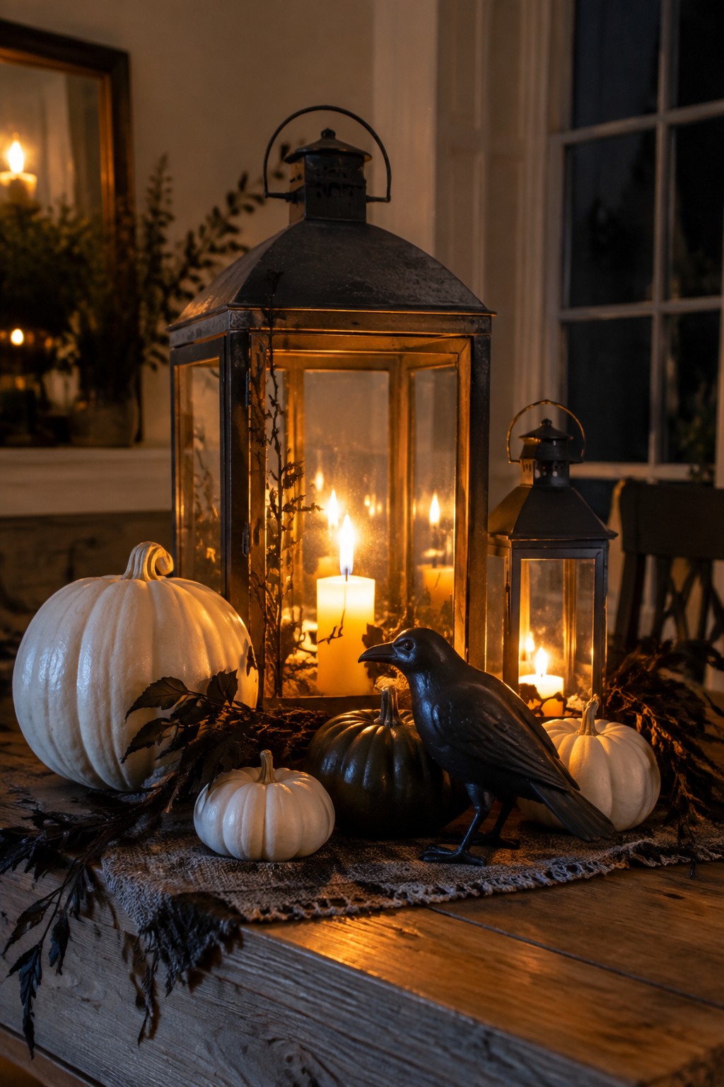 Wooden table holding a large black lantern, smaller lantern, black crow figurine, and assorted white and dark pumpkins.