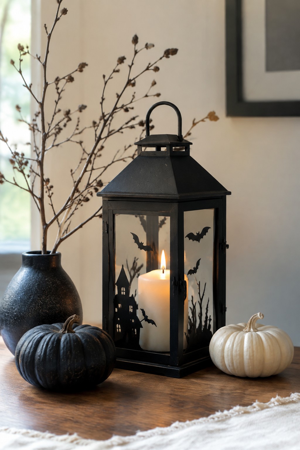 Black metal lantern with haunted house, bat, and tree cutouts on a wooden table next to black and white pumpkins.