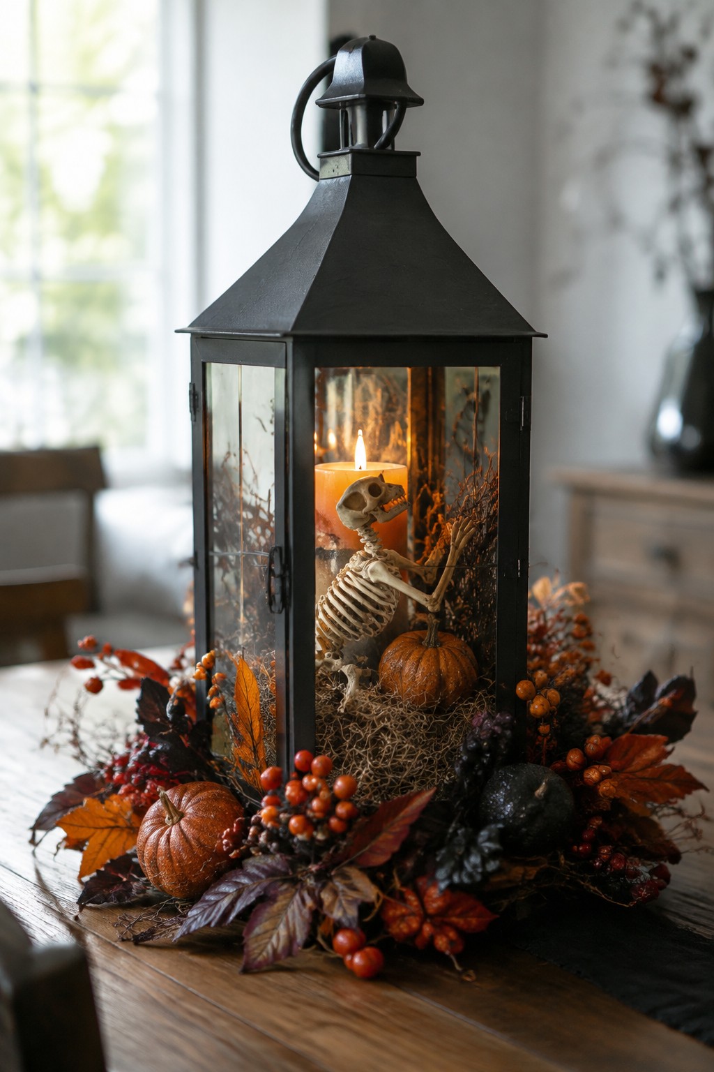 Black lantern with lit skeleton candle amid autumn leaves, berries and pumpkins