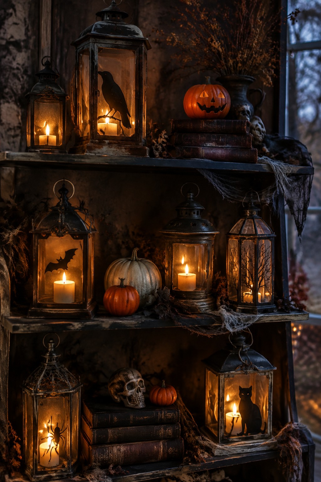 Dark wooden shelves holding multiple metal lanterns with lit candles and black silhouette cutouts of a bat, crow, cat, spider, and bare tree, along with small pumpkins and old books.
