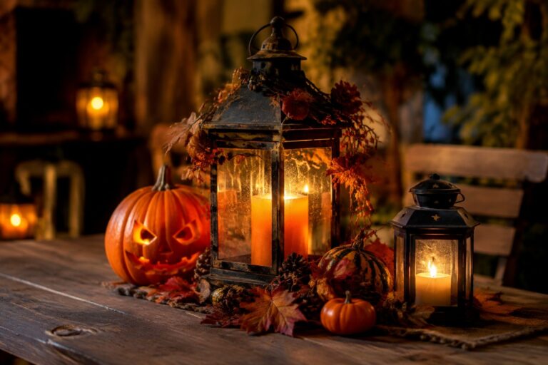 17 Cool DIY Halloween Lantern Decor Ideas to Make This Year Black metal lantern with a crow figure and jack o lantern cutout inside, placed on a wooden table with pumpkins and autumn leaves around it.