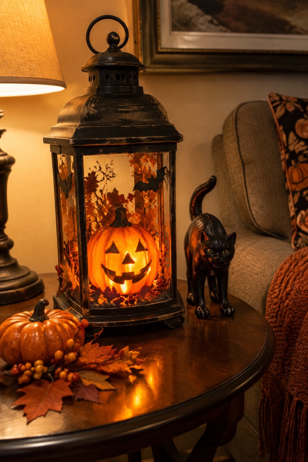 A black metal lantern holding a glowing jack-o'-lantern with bat silhouettes and autumn leaves inside, placed on a wooden table next to a small black cat figurine.