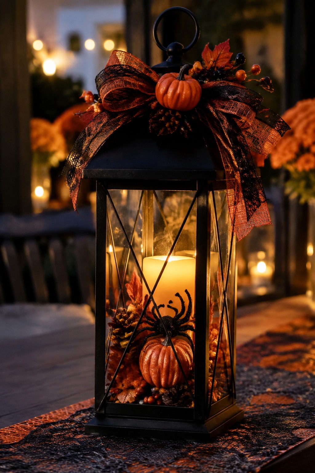 A black lantern with a lit candle, black spider, and small orange pumpkin inside, topped with a red and black bow.